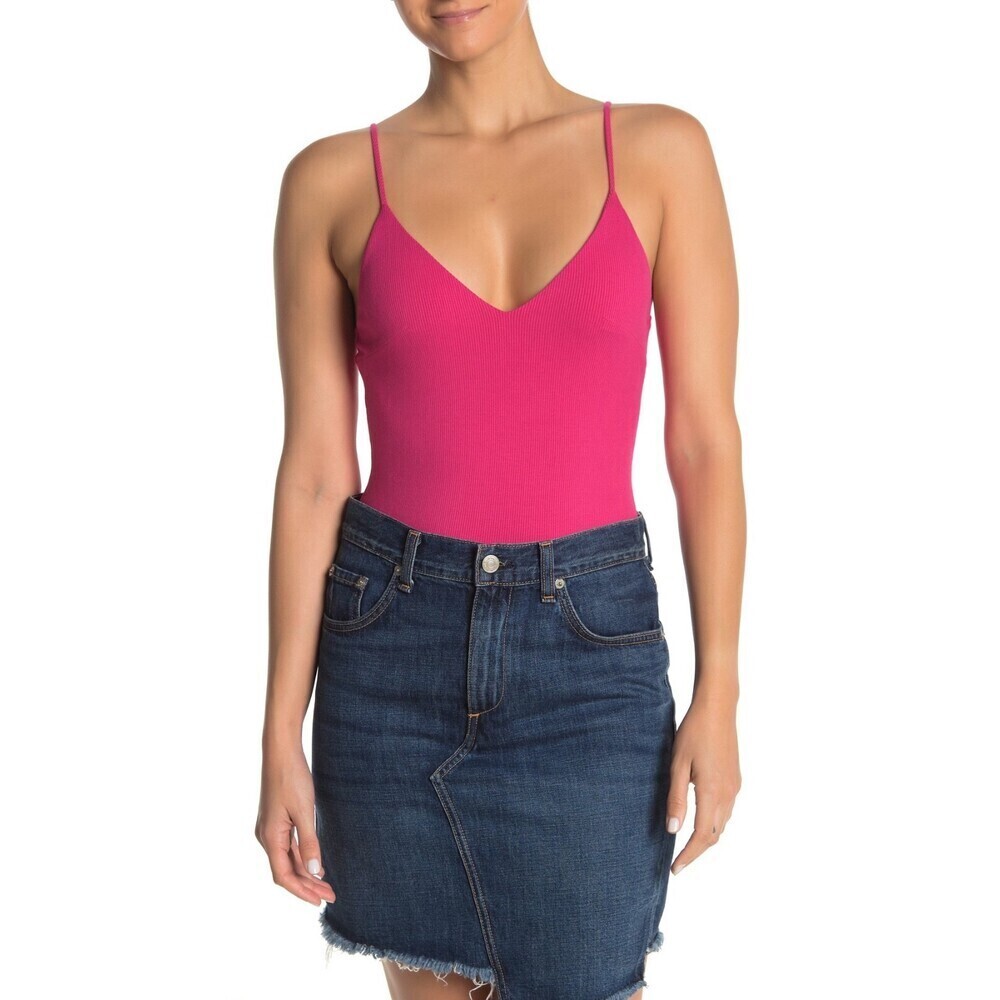 Socialite Women's V-Neck Ribbed Sleeveless Bodysuit In Pink Size M